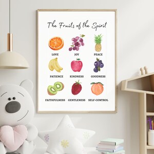 Fruits of the Spirit wall art print for kids room featuring watercolor fruit illustrations representing love, joy, peace, patience, and more. Framed Christian nursery decor with gentle colors and playful design.