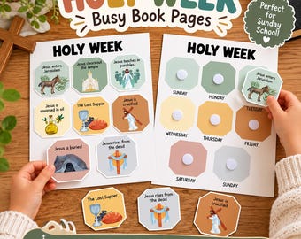 Pode incluir: Duas folhas brancas com páginas de livro de atividades sobre a Semana Santa com ilustrações octogonais de eventos bíblicos. Cada folha inclui etiquetas para os dias da semana e cenas correspondentes como a entrada em Jerusalém e a Última Ceia.