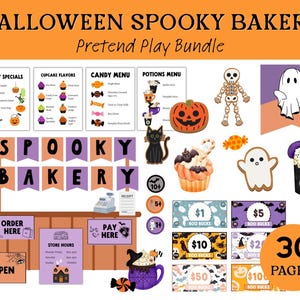 May include: A Halloween Spooky Bakery pretend play bundle featuring printable signs, menus, and play money. Includes a bakery counter, cupcake and candy graphics, a skeleton, ghost, pumpkin, black cat, and 30 pages of themed paper accessories.