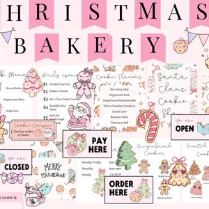 May include: A pink and white Christmas Bakery sign with various illustrations of cookies, gingerbread people, and Christmas trees. The sign includes text such as "Christmas Bakery", "Cookie Flavors", and "Open".
