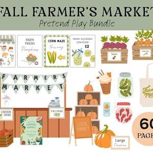 May include: A Fall Farmer's Market pretend play bundle featuring 60 pages of printable signs, banners, and illustrations. Includes a market stand, produce crates with beets and carrots, pumpkin displays, a tote bag, and various food item graphics.