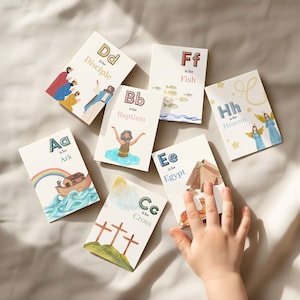 Schede didattiche dell'alfabeto biblico / Programma scolastico cristiano per la scuola materna / Lezione della scuola domenicale ABC per bambini (download digitale) / Schede delle Scritture per bambini