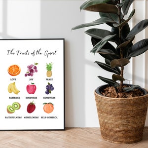 A black framed poster with the title 'The Fruits of the Spirit' and a grid of nine images. Each image represents a fruit of the spirit with the corresponding word below. The fruits are: orange, grapes, pineapple, banana, apple, blueberries, kiwi, strawberry, and peach.