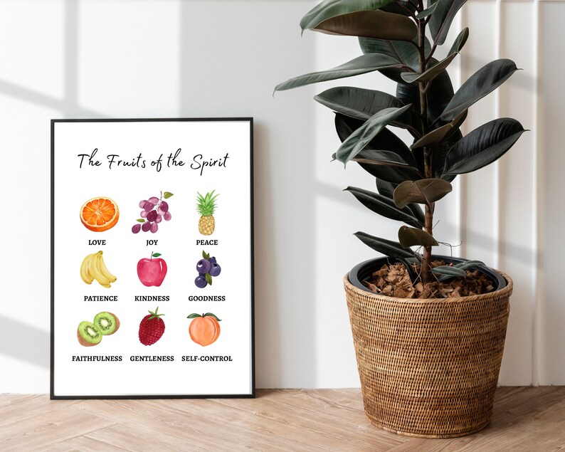 A black framed poster with the title 'The Fruits of the Spirit' and a grid of nine images. Each image represents a fruit of the spirit with the corresponding word below. The fruits are: orange, grapes, pineapple, banana, apple, blueberries, kiwi, strawberry, and peach.