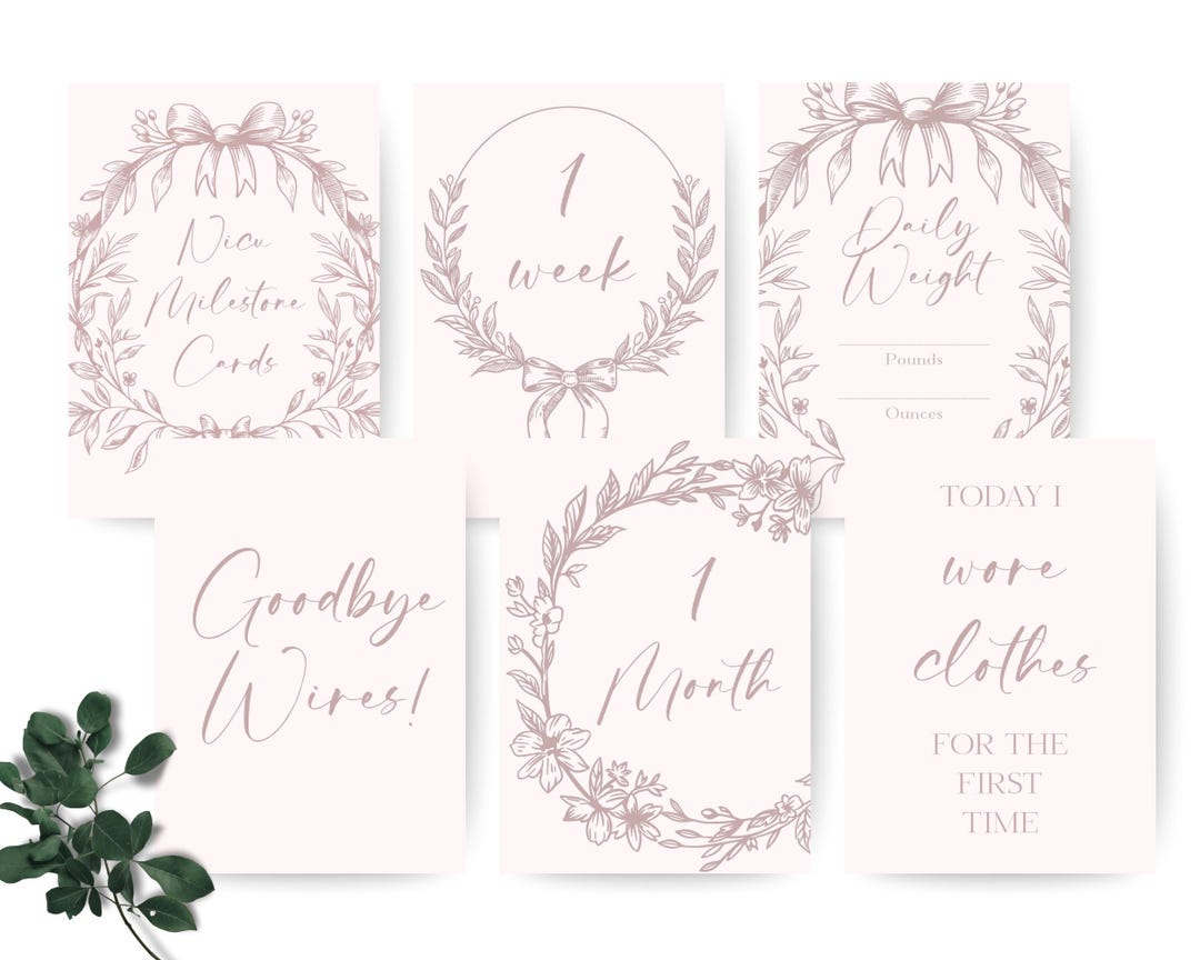 NICU Milestone Cards Printable | Vintage Pink Bow | Preemie Baby Girl ...