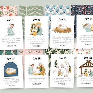 May include: A set of illustrated Christmas cards with biblical scenes, including the Nativity, angels, and shepherds. Each card features a day number and a corresponding Bible verse. The cards have floral and patterned backgrounds.