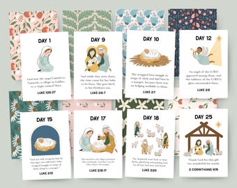 May include: A set of illustrated Christmas cards with biblical scenes, including the Nativity, angels, and shepherds. Each card features a day number and a corresponding Bible verse. The cards have floral and patterned backgrounds.