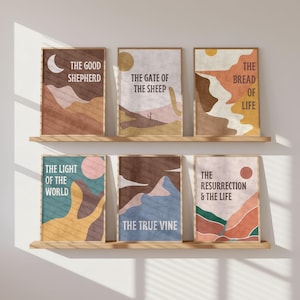 May include: Six framed art prints with abstract landscape designs in warm earth tones. Each print features a title: "The Good Shepherd," "The Gate of the Sheep," "The Bread of Life," "The Light of the World," "The True Vine," and "The Resurrection & The Life."