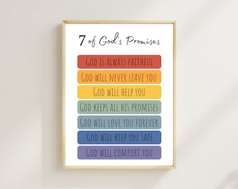 7 of Gods Promises Printable | Kids Christian Scripture Poster | Rainbow Nursery Bible Art | Sunday School Decor | Preschool Education