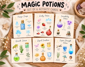 May include: A set of six Magic Potions activity cards featuring watercolor illustrations of ingredients and potion bottles. Each card displays a title like Freeze Drops, Lucky Potion, Invisibility Potion, Growth Serum, Liquid Sunshine, and Super Strength Potion with labeled items.