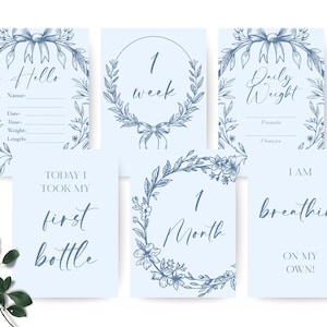 Cartes d'étapes de l'USIN à imprimer | noeud bleu vintage | Accessoires photo bébé garçon prématuré | Souvenir de bébé à l'USIN | Signes bébé pour l'hôpital
