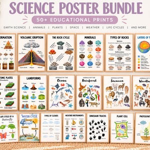 May include: A science poster bundle featuring 50+ educational prints with illustrations of earth science, animals, plants, space, weather, and life cycles. The collection includes charts on soil formation, volcanoes, rock cycles, minerals, tectonic plates, and various animal habitats.