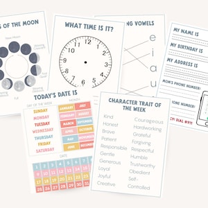 A collection of educational printables, including a clock face, a calendar, and a chart of character traits. Other sheets show the phases of the moon, vowel matching, and a form to fill in personal information. The printables are on white paper.