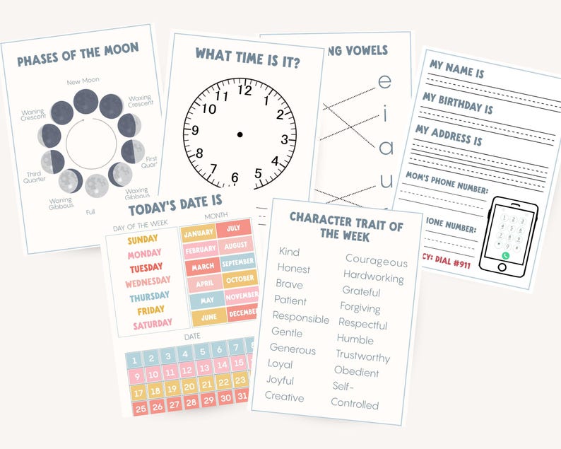 A collection of educational printables, including a clock face, a calendar, and a chart of character traits. Other sheets show the phases of the moon, vowel matching, and a form to fill in personal information. The printables are on white paper.