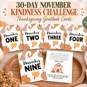 May include: A set of 30-day November Kindness Challenge Thanksgiving gratitude cards featuring pumpkin patterns. The cards display the text November One, Two, Three, Four, and Nine, plus a card with Hebrews 12:28-29 and a house illustration.