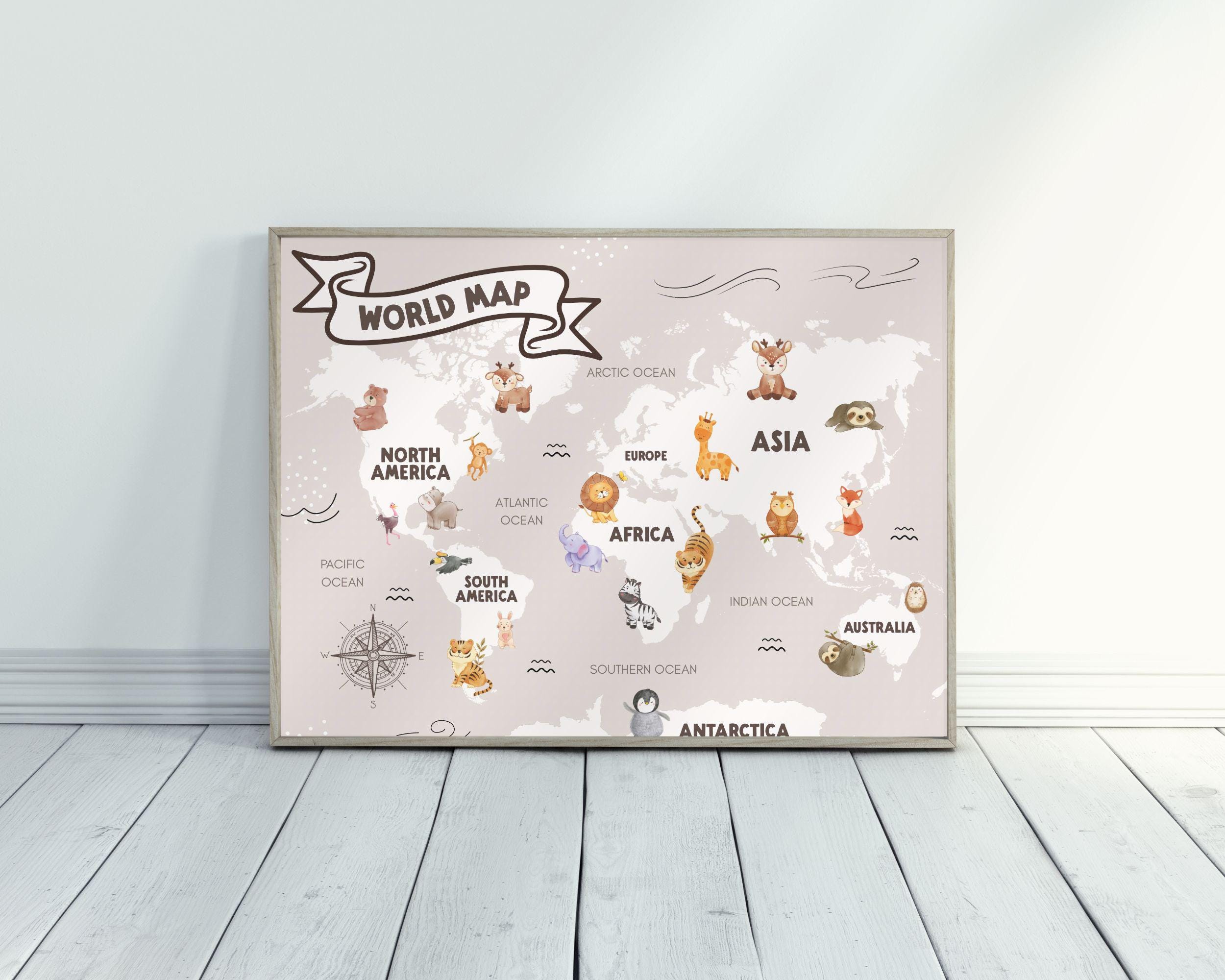 Woodland Animals World Map Print | Kids Nursery Decor (digital Download ...
