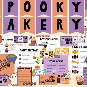 May include: A Halloween-themed sign for a bakery, featuring a banner that reads "Spooky Bakery." The image includes various menu items, such as cupcakes, candies, and daily specials, along with store hours and order forms.