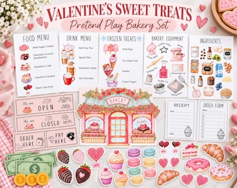 Puede incluir: Un set de panadería de juguete Valentine's Sweet Treats que incluye menús impresos, un letrero de tienda, dinero de juguete, monedas y varios recortes de comida como galletas en forma de corazón, cupcakes y donuts.