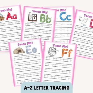 A collection of pink-bordered letter tracing worksheets. Each sheet features a different letter of the alphabet, with corresponding illustrations and the phrase "Trace Me!". The worksheets are designed for educational purposes, with the text "A-Z LETTER TRACING" at the bottom.