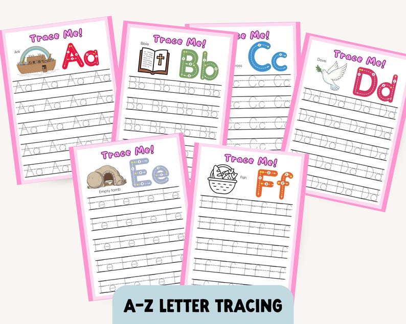 A collection of pink-bordered letter tracing worksheets. Each sheet features a different letter of the alphabet, with corresponding illustrations and the phrase "Trace Me!". The worksheets are designed for educational purposes, with the text "A-Z LETTER TRACING" at the bottom.