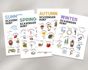 May include: Four printable scavenger hunt checklists for each season: summer, spring, autumn, and winter. Each checklist features a colourful illustration of items to find, such as a rain cloud, dragonfly, acorn, and snowflake.