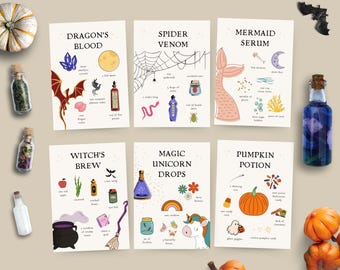 Receptkort med Halloween-trolldryck | Dekorationer med förtrollade trollformler | Låtsaslek och sensoriska lådor till lerköket