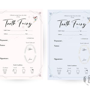 Reçu imprimable de la fée des dents | Note dentifrice rose et bleu | lettre de fée, certificat monétaire | Souvenir personnalisé de la première dent de bébé