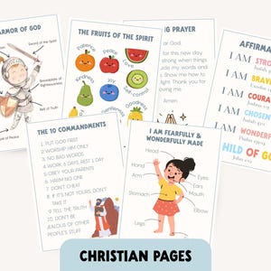 A collection of Christian-themed educational pages. The pages feature illustrations of the Armor of God, Fruits of the Spirit, affirmations, and the Ten Commandments. The bottom of the image reads "CHRISTIAN PAGES".