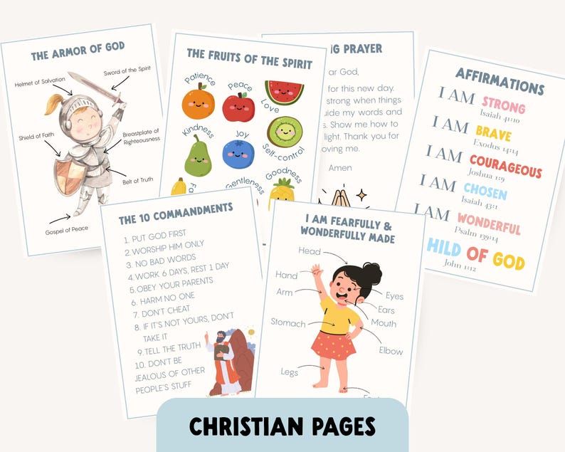 A collection of Christian-themed educational pages. The pages feature illustrations of the Armor of God, Fruits of the Spirit, affirmations, and the Ten Commandments. The bottom of the image reads "CHRISTIAN PAGES".