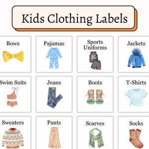 Afdrukbare labels kinderkleding | Montessori visuele afbeeldingen voor kinderen kastladelabels | Kaarten met dagelijkse routine | Opbergorganisatie voor kinderen