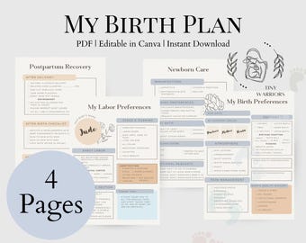 Op de afbeelding: Een printbare checklist voor een geboorteplan met vier pagina's. De checklist bevat secties voor herstel na de bevalling, babyverzorging, geboortevoorkeuren en bevallingsprioriteiten. Het document is ontworpen in een lichtblauw en grijs kleurenschema met een minimalistisch ontwerp.