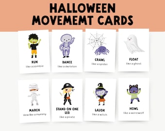 Tarjetas de movimiento de Halloween, tarjetas didácticas educativas de otoño para preescolares, actividad para calmar a los niños, desarrollo de la motricidad gruesa, juego de fitness para niños.