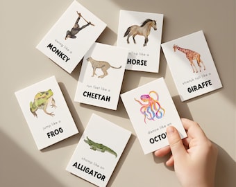 Animal Movement Action Cards for Kids: Preschool Calm Down Activity, Gross Motor Skills, Fitness Game