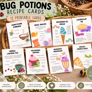May include: A set of 12 printable Bug Potions Recipe Cards featuring illustrations of insects and food items. Each card displays a unique title like Honeycomb Porridge, Snail Snacks, and Monarch Milkshake, accompanied by descriptive text and colourful graphics.