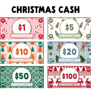 Puede incluir: Una colección de seis billetes de Christmas Cash coloridos con valores de $1, $5, $10, $20, $50 y $100. Cada billete presenta diseños festivos navideños, incluyendo bastones de caramelo, árboles de Navidad, renos y copos de nieve, con el texto "CHRISTMAS CASH".