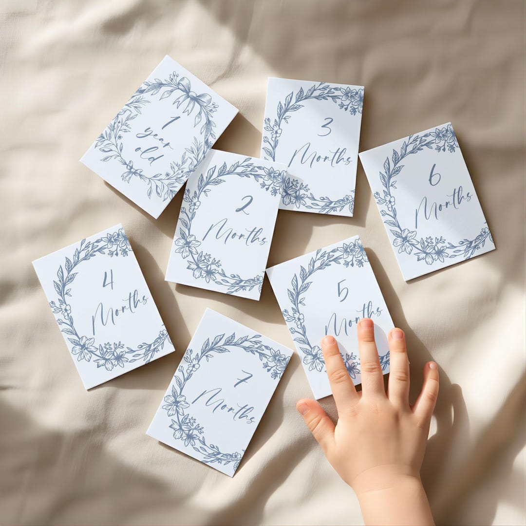Vintage Floral Baby Milestone Cards: Printable Blue Bow Photo Props for ...