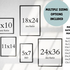 A slide showing the multiple sizes available for wall art prints through this Etsy purchase. The following ratios are each included: 4:5, 11x14, ISO, 2:3, and 3:4. These allow for over 20 different desired sizes.