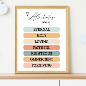 7 van Gods attributen afdrukbaar | Bijbelvers muurkunst voor kinderen | Christelijke bijbelposter | Kinderbijbelprint | Zondagsschooldecoratie