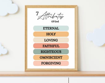 7 attributs de Dieu art mural imprimable verset biblique pour enfants | Affiche chrétienne de chambre d'enfant | Décoration école du dimanche