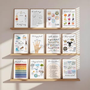 Kids Christian Wall Art Prints Set of 12 | Sunday School Bible Lessons | Fruit of the Spirit, 10 Commandments, Armor of God Digital Download