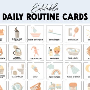 May include: A set of printable "Daily Routine Cards" with illustrations and text, including tasks such as "Put Away Clothes," "Brush Teeth," and "Bedtime." The design uses soft pastel colours, with a handwritten-style font for "Editable" and a bold font for "Daily Routine Cards."