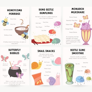 May include: A whimsical illustration featuring six recipe cards with cartoon food and insect characters. The cards include Honeycomb Porridge, Dung Beetle Dumplings, Monarch Milkshake, Butterfly Bubbles, Snail Snacks, and Beetle Slime Smoothie.