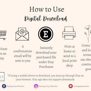 Directions for how to use a digital download. 1. Purchase on Etsy 2. Receive confirmation email 3. Instantly download your files under Etsy Purchases 4. Print your file at home or local print shop 5. Come back to leave a review for the shop!