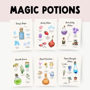 May include: A collection of six watercolor prints featuring various magic potion recipes. Each print showcases a different potion, including Freeze Drops, Lucky Potion, and Super Strength Potion, with illustrated ingredients and text. The title "MAGIC POTIONS" is displayed at the top.