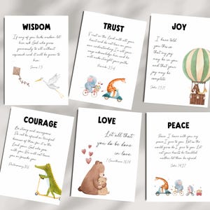 Puede incluir: Seis tarjetas imprimibles con citas inspiradoras sobre sabiduría, confianza, alegría, coraje, amor y paz. Cada tarjeta presenta una ilustración de animal diferente: una cigüeña, un elefante, una jirafa, un cocodrilo, un oso y una jirafa. Las tarjetas están diseñadas para niños y presentan un estilo caprichoso y colorido.
