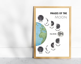 Poster maanfasen | Maancyclusposter | Hemelse kinderkamerinrichting aarde en maan | Kunst astronomiekamer