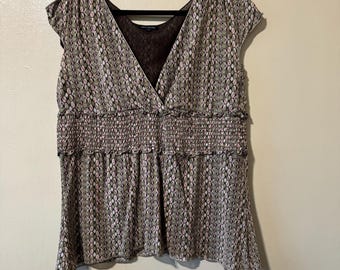 Plus Size 2X Vintage Y2K/2000s Green and Pink Geometric Patterned Babydoll Blouse Fairy