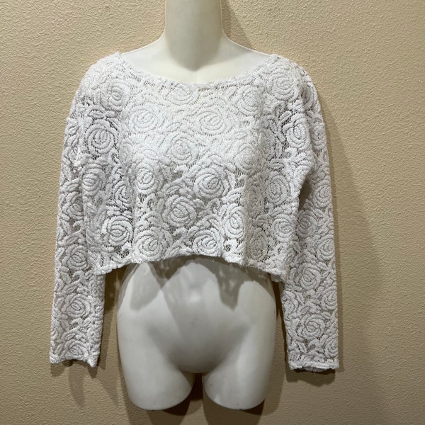 Size Large Vintage 90’s Frederick’s of Hollywood White Floral Lace Cropped Long Sleeve Boxy Blouse Dainty