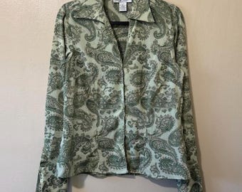 Size 6 Y2K/2000z Rena Rowan Green Paisley Button Down Fitted Blouse Boho Retro
