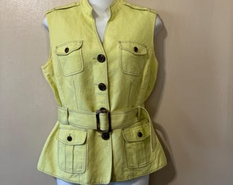 Size 8 Vintage 2000s Tahari Lime Green and Brown Contrast Stitching Linen/Rayon Belted Vest Summer Preppy